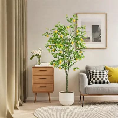 Produktbild von Große künstliche Pflanzen, 180 cm hoher Zitronenbaum, künstliche Pflanze im Topf, künstlicher Baum für drinnen und draußen, künstlicher Zitronenbaum, Plastikpflanzen für drinnen und draußen, Zuhause, Büro, Garten, moderne Dekoration