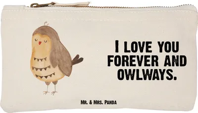 Produktbild von Mr. & Mrs. Panda Mäppchen Eule Zufrieden Größe S Klein - Weiß - Geschenk, Kosmetiktasche, Baumwollbeutel, Etui, Romantisch, pencil case, Make-Up Tasche, Kulturtasche
