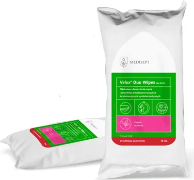Imagen del producto de Toallitas desinfectantes y limpiadoras a base de alcohol, Velox Duo Wipes, sabor té, envasadas en flujo continuo, 50 unidades