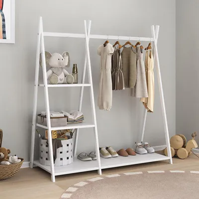 Produktbild von Kindergarderobe LOTTE mit 1 Kleiderstange & 4 Ablageböden in weiß lackiert. Montessori Design, freistehender Kleiderständer für Kinderzimmer aus Massivholz.