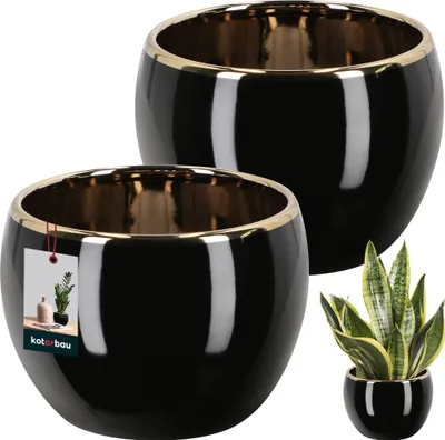 Productafbeelding van KOTARBAU® Set van 2 bloempotten, keramiek, geglazuurd, zwart en goud, hoogte 9 cm, diameter 11 cm, bloempot voor kamerplanten, plantenpot, keramiek, voor woonkamer, plantenpot voor binnen, plantenpot