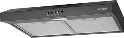 A black kitchen range hood is shown from a front-side angle against a white background.