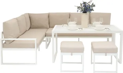 Image de Ensemble de mobilier de jardin en aluminium blanc, 7 places, salon d'extérieur pour terrasse, canapé d'angle modulable, table à manger avec plateau en verre, 2 poufs, coussins épais avec housses lavables, housse de protection imperméable