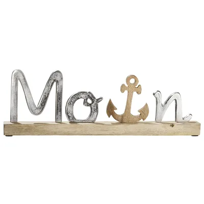 Image de Gilde Schriftzug, "Moin", Ankermotiv, Aluminium, Mangoholz, naturfarben, silberfarben, VE 2, L. 43 cm, B. 5 cm, H. 14 cm 48811 4009079488111