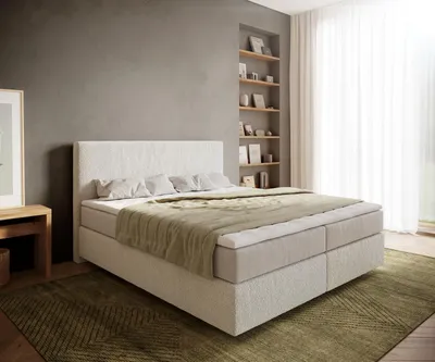 Produktbild von DELIFE Boxspringbett Dream-Well 180x200 cm Bouclé Creme-Weiß mit Taschenfederkernmatratze und Topper Visco