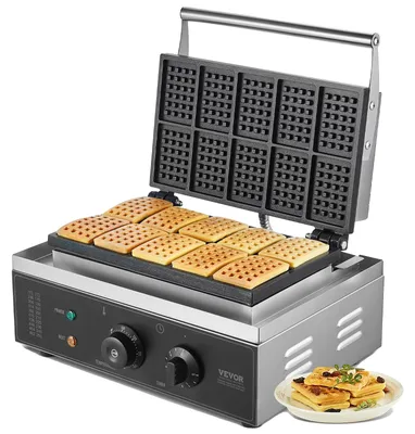 Productafbeelding van VEVOR Commercieel wafelijzer, 1550W, roestvrijstalen wafelijzer met antiaanbaklaag, temperatuur- en tijdregeling, handvat, geschikt voor restaurants, bakkerijen, snackbars en thuisgebruik. Maakt 10 rechthoekige wafels