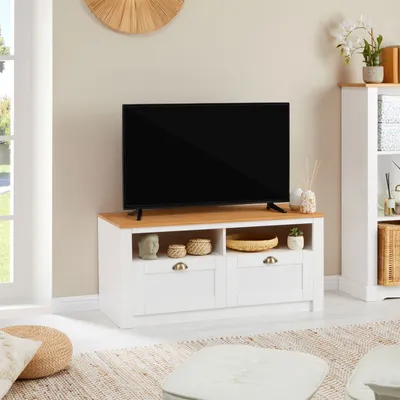 Produktbild von TV Lowboard BOLTON aus massiver Kiefer in weiß/braun, TV Bank mit 2 Schubladen, praktische TV Kommode mit Muschelgriffen, TV Möbel im Landhausstil