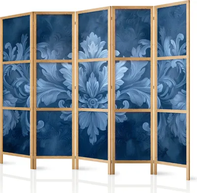 Produktbild von 5-teiliger Einseitiger Vlies Japanischer Paravent - Ornament in Blue and Cool Colors - Dark Blue Decoration 225x172 cm Blumen f-H-10008-bh-b