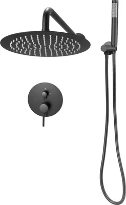 A black shower system with a rain shower head, hand shower, and control valve, displayed against a white background.