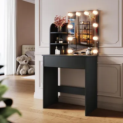 Zdjęcie produktu dla Stolik kosmetyczny z oświetleniem - Stolik do makijażu - Idealny do aplikacji makijażu - Regulowana jasność - Wymiary: 70 x 40 x 140 cm - Kolor: czarny