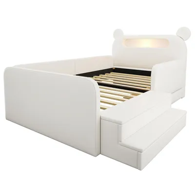 Produktbild von Flieks Kinderbett 90x200cm mit Nachtlicht, Polsterbett mit USB und Schublade, Kinder Schlafsofa Tagesbett mit Treppe, Einzelbett PU, Weiß