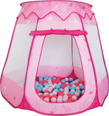 Produktbild von Relaxdays Bällebad mit 100 Bällen, HxBxT: 95 x 118 x 118 cm, Pop Up Ballpool eckig, Bällchenbad für Kinder, rosa