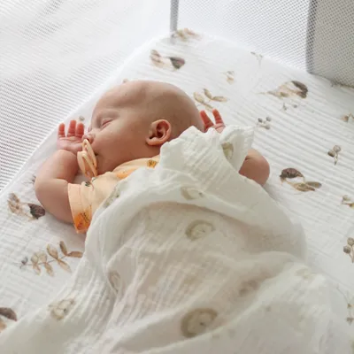 A baby sleeping in a crib with a pacifier and a blanket.