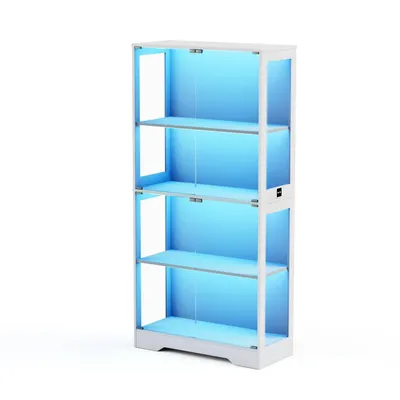 A white, four-tier glass display cabinet with blue LED lighting, shown against a white background.