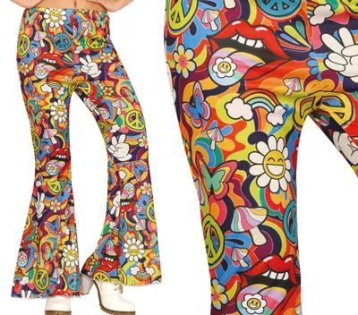 Immagine prodotto di Hippie Flower Power Carnival Flare Pants Colourful Flowers 60s Costume Vintage Look Festival Fashion Retro Party Styling, Taglia: 42 - 44 (L) Colore: Multicolore