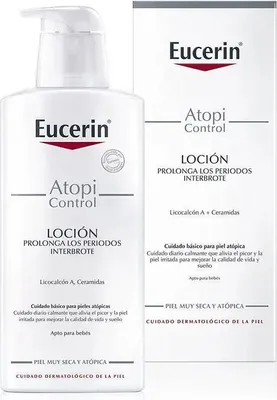 A product shot of a Eucerin AtopiControl lotion bottle and its packaging.