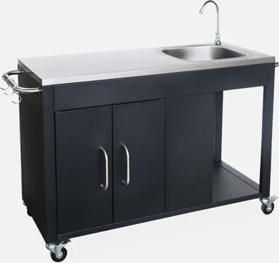 A black outdoor grill cart with a stainless steel countertop and sink, shown against a white background.