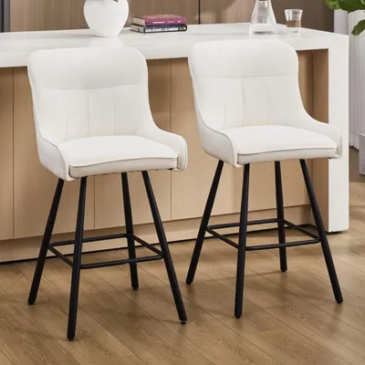 Image de Ensemble de 2 tabourets de bar, rembourrés en velours, sans accoudoirs, avec pieds en métal, de couleur blanche