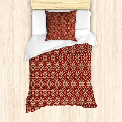 Produktbild von ABAKUHAUS Schneeflocke Bettbezug Set, Geometrische Komposition mit Fischgrät-Zickzack-Muster-Bicolormotiv-Illustration, 135 x 200 cm + 80 x 80 cm, Beige Rubin