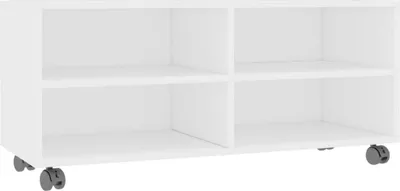 A white TV stand with four compartments and wheels.