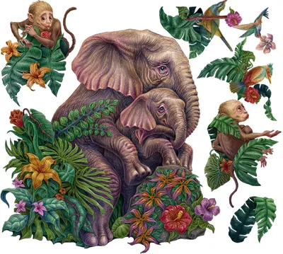 Obrázek produktu pro Tropické Safari – Samolepicí 3D samolepky na zeď – Tetování na stěnu – Samolepicí tapety – Nástěnná dekorace – Panel 3D – Dětský pokoj – 80x101 cm