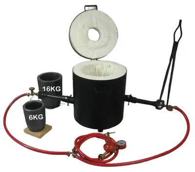 Image de Four de fusion métallique - Modèle F616KB, fonctionnant au propane - Capacité de 16 kg - 2 creusets - Double brûleur - Adapté pour le cuivre, le laiton et l'aluminium
