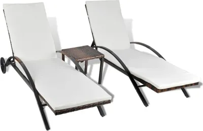 Two white cushioned lounge chairs with a small brown table between them, set against a white background.