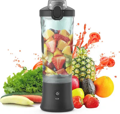 Obrázek produktu pro Přenosný osobní mixér na koktejly a smoothies 600 ml lis na ovoce se 6 noži 150 W výkon 2 režimy Vestavěná dobíjecí baterie Vodotěsný mixér na ovoce pro domácnost, kancelář, cestování, sport, kempování