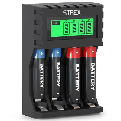 A black battery charger with four AA/AAA batteries inserted, showing a green LCD display with charging indicators.