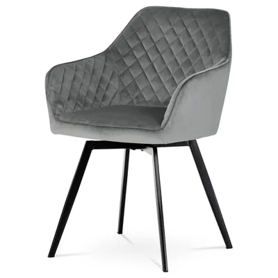 A gray velvet dining chair with black metal legs is shown against a white background.