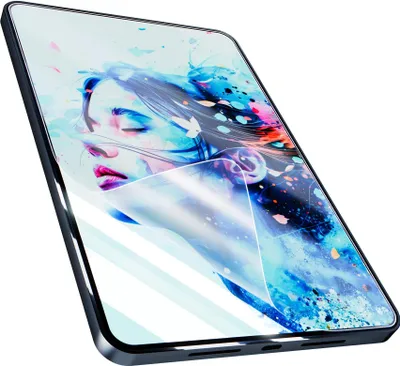 A screen protector is shown on a tablet with a colorful abstract image of a woman's face.