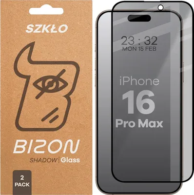 Produktbild von 2x Gehärtetes Glas mit Privatschutzfilter für iPhone 16 Pro Max, Bizon Glass Edge Shadow Duo, getönt mit schwarzer Rahmen