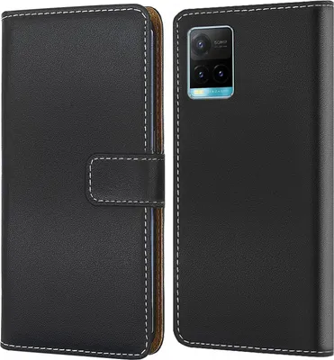 A black flip-style phone case is shown from the front and back.