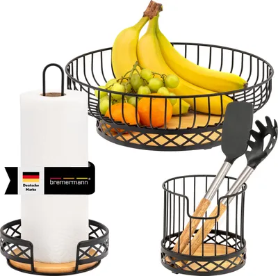 Produktbild von bremermann Küchenutensilien 3er Set, 1x Küchenrollenhalter, 1x Utensilienhalter und 1x Obstkorb, aus Bambus und Metall