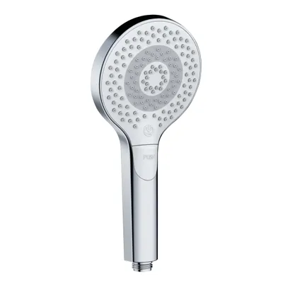 A chrome hand shower head with a white button on a white background.