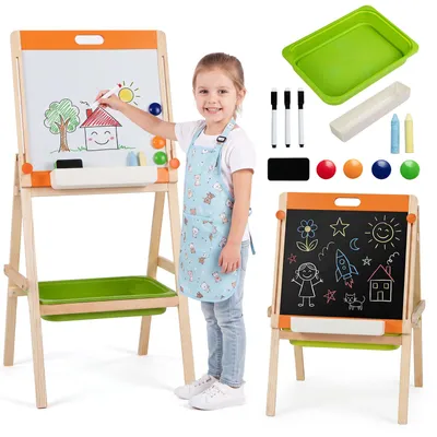 Obrázok produktu pre COSTWAY, stojan na maľovanie 2 v 1, dvojstranný detský stolík, nastaviteľná výška (74-106 cm) s tabuľou na fixky a tabuľou na kriedy, pre deti od 3 rokov