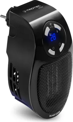A black electric plug-in heater with a digital display and controls.