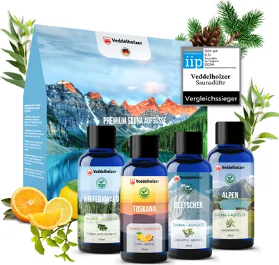Produktbild von Veddelholzer Saunaaufguss Geschenkset 4 x 100 ml verschiedene Saunaöle Saunaduft Infusion als Sauna Zubehör alles in einem Sauna Set Sauna Aufgussmittel aus 100% naturreinen ätherischen Ölen
