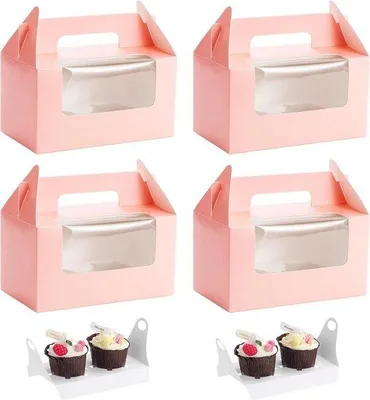 Produktbild von Rosa Cupcake-Box mit Fenster und Griff, 50 Stück, Backzubehör