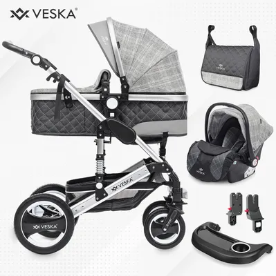A collage of a baby stroller system and its accessories, presented on a white background.