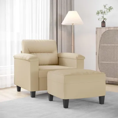 Imagen del producto de Sillón con reposapiés, color crema, de 60 cm de altura, tapizado en microfibra. Silla acolchada con asiento grueso y estructura robusta, ideal para el salón y el descanso