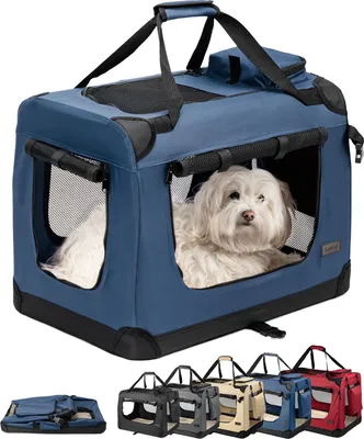 Obrázok produktu pre lionto skladací prepravný box pre psa, pevný textilný box so sieťovými vložkami, ideálny do auta, na cesty a k veterinárovi, 60x42x44 cm, tmavomodrý