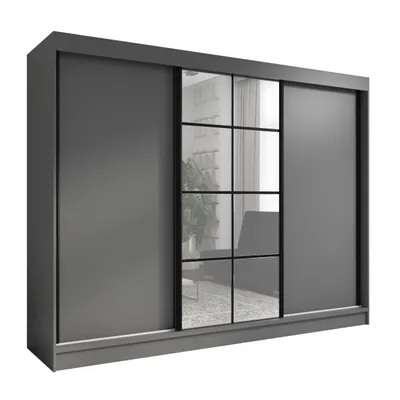 A three-door wardrobe with mirrored panels and black frames, set against a white background.
