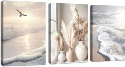 Productafbeelding van Famanu Wanddecoratieset bestaande uit 3 canvasprints (30x40 cm) – Beige pampasgras – Zonsondergang