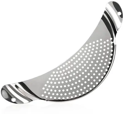 Produktbild von Halbmond-Formiges Stanzgitter aus Stahl, Kochhilfe mit Abflussgitter für Pfannen und Pfannenleger, praktisch einsetzbar, Abflusshilfe für Pfannen, Ø 33cm.