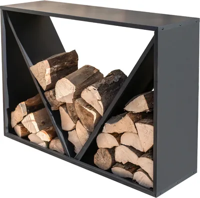 A dark gray metal firewood rack filled with logs, shown against a white background.