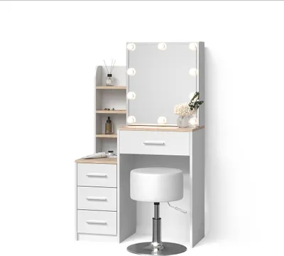 Produktbild von Schminktisch Livinity Loreta Weiß/Sonoma mit LED Beleuchtung und Hocker, Model 52405