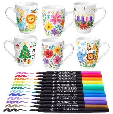 Keramik-Bemalset: 6 Tassen + 12 Acrylstifte, DIY