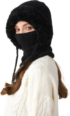 Produktbild von Damen Thermal Balaclava Fleece Mütze Kreis Schal Set Weiche Warme Wintermütze mit Fleecefutter Winddichte Skimütze 2 in 1 Strickmütze Outdoor