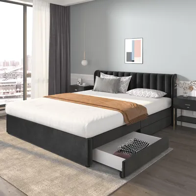 Obrázek produktu pro Postel s čalouněnou konstrukcí, rozměry 180 x 200 cm, s roštovou základnou, 2 zásuvkami na kolečkách, vysokým čelem, potažená sametem, nosnost až 300 kg